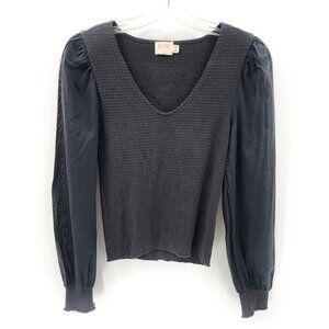 NATION‎ LTD Puff Sleeve V-Neck Smocked Top Pima Cotton Black